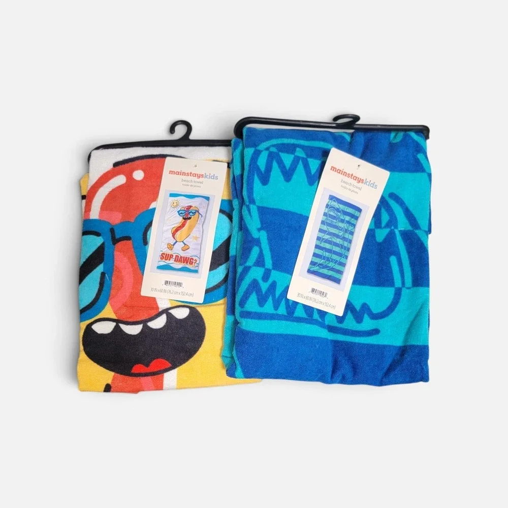 Mainstays Kids Beach Towel Set 2pk 30x60 Blue Shark Hot Dog NEW Graphic Print